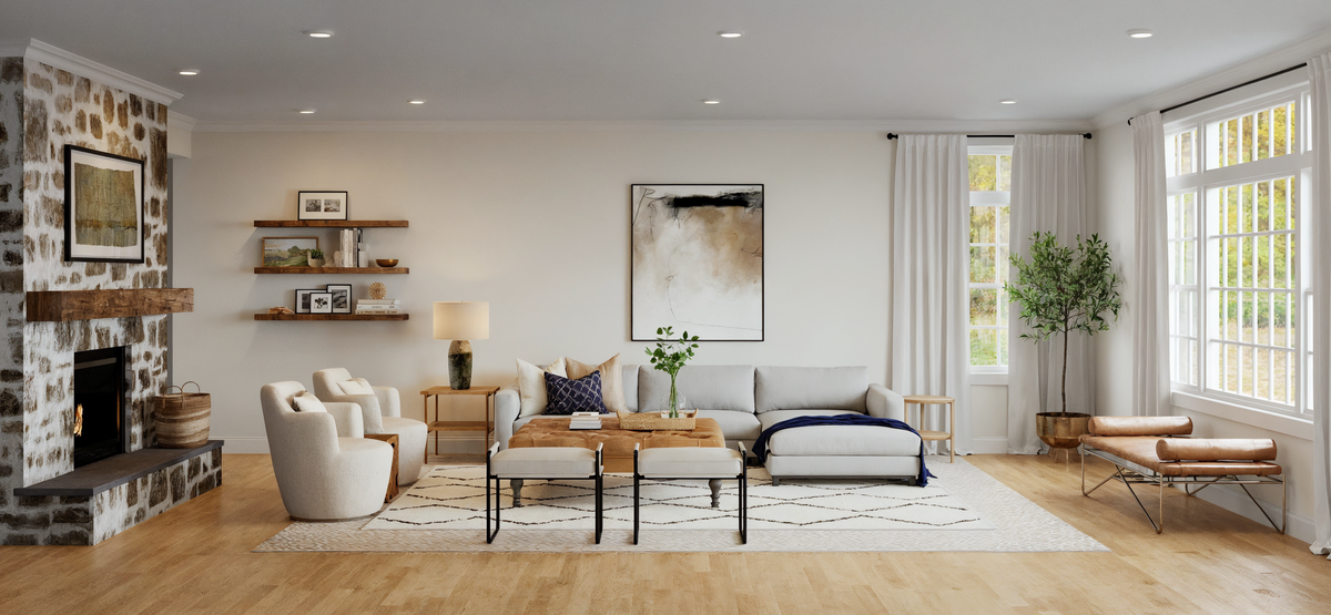 Contemporary Living Room Design with Stone Fireplace