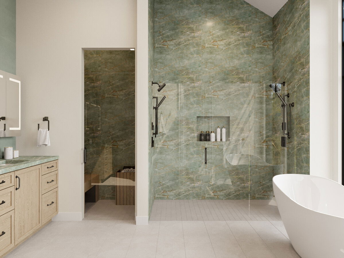 Bold Masculine Vaulted Ceilings Bathroom Design