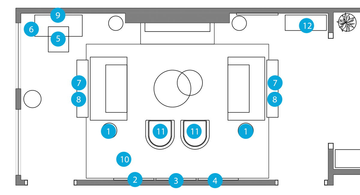 Plano de planta de sala de estar en línea