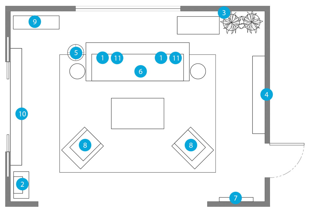 Plano de planta de sala de estar en línea