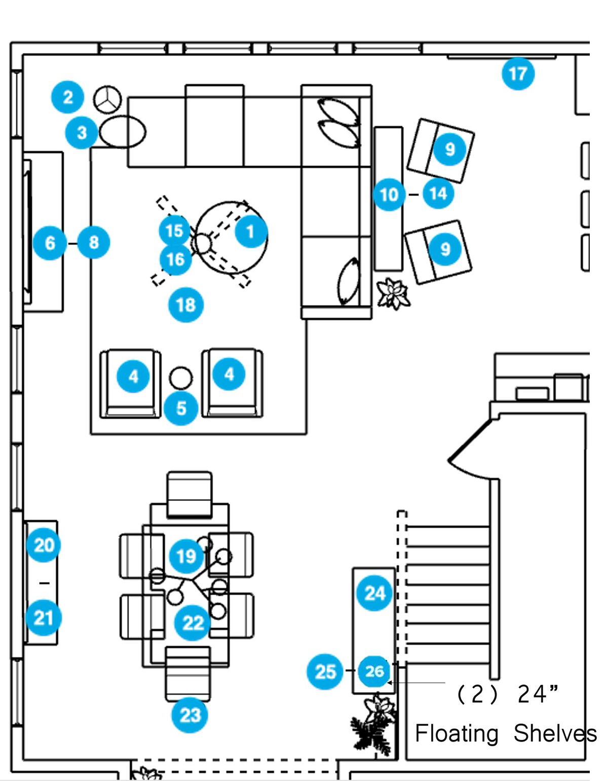 Plano de planta de sala de estar en línea