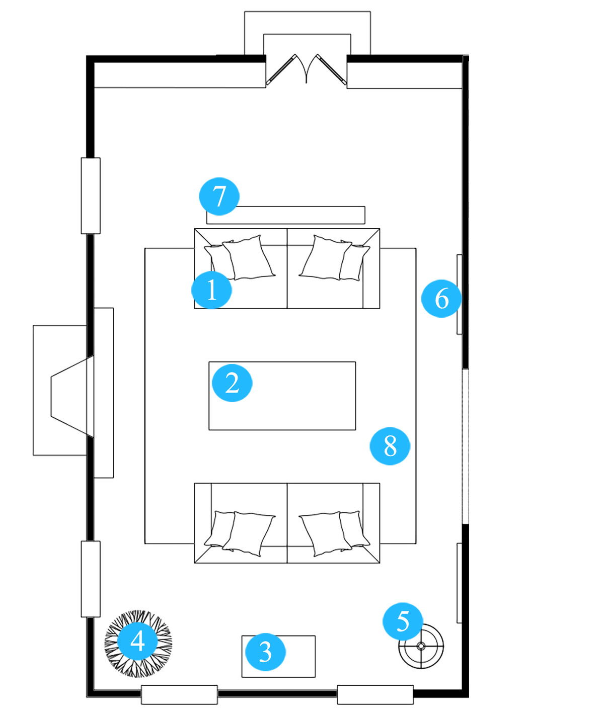 Plano de planta de sala de estar en línea