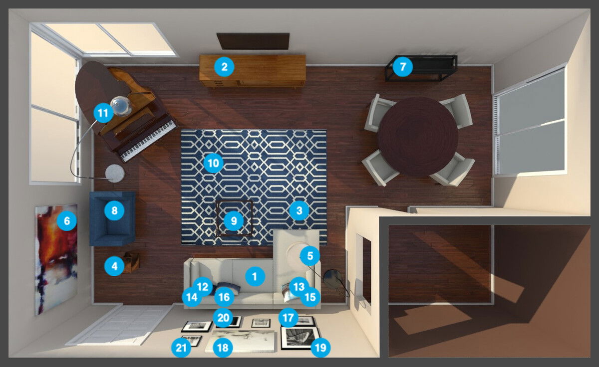Plano de planta de sala de estar en línea