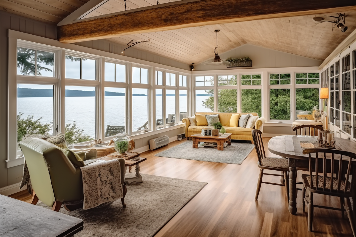 Traditional Lake House  Living and Dining Room Combo 