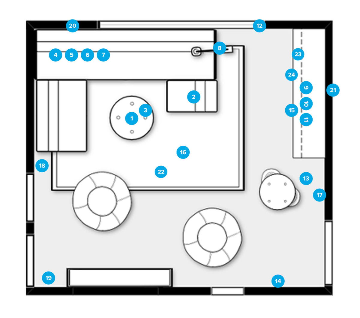 Plano de planta de sala de estar en línea