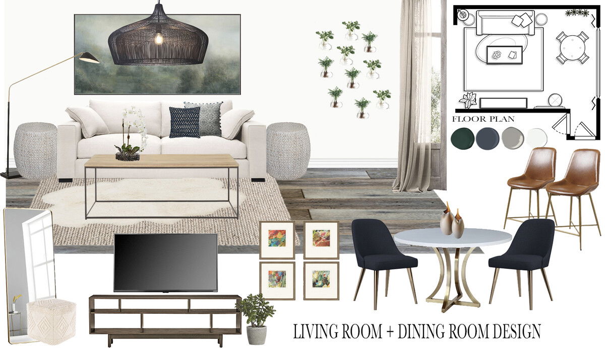 Ideas de Diseño de Interiores Combinadas de Sala-Comedor del Diseñador en Línea