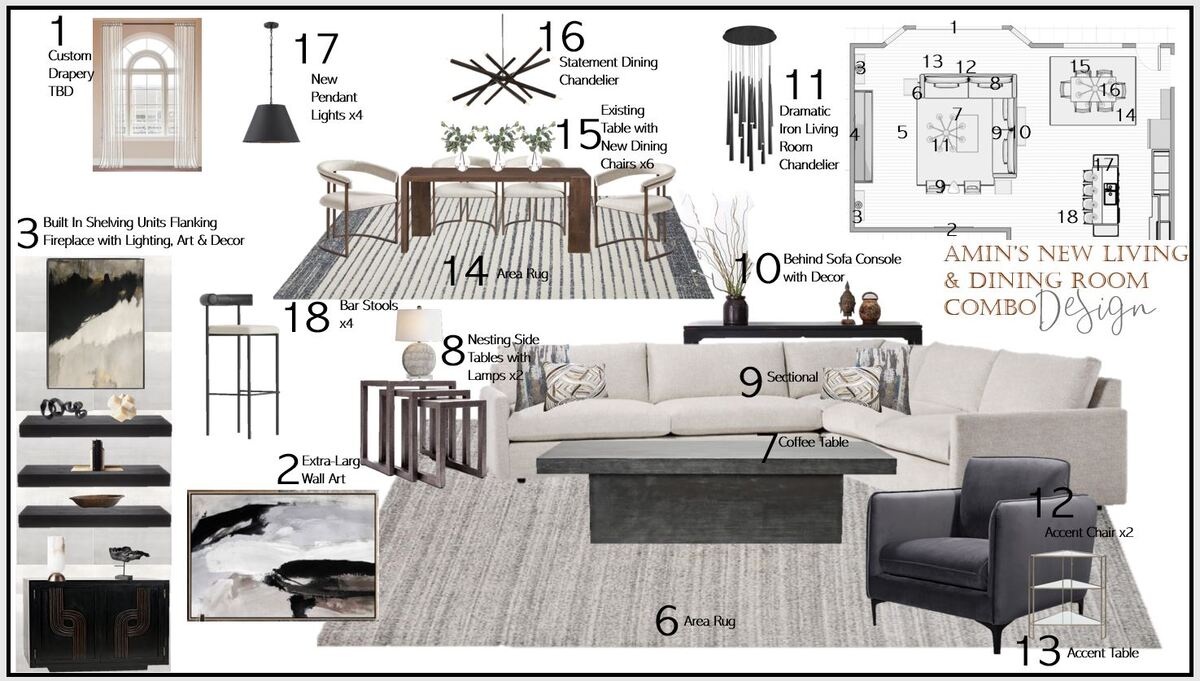 Ideas de Diseño de Interiores Combinadas de Sala-Comedor del Diseñador en Línea