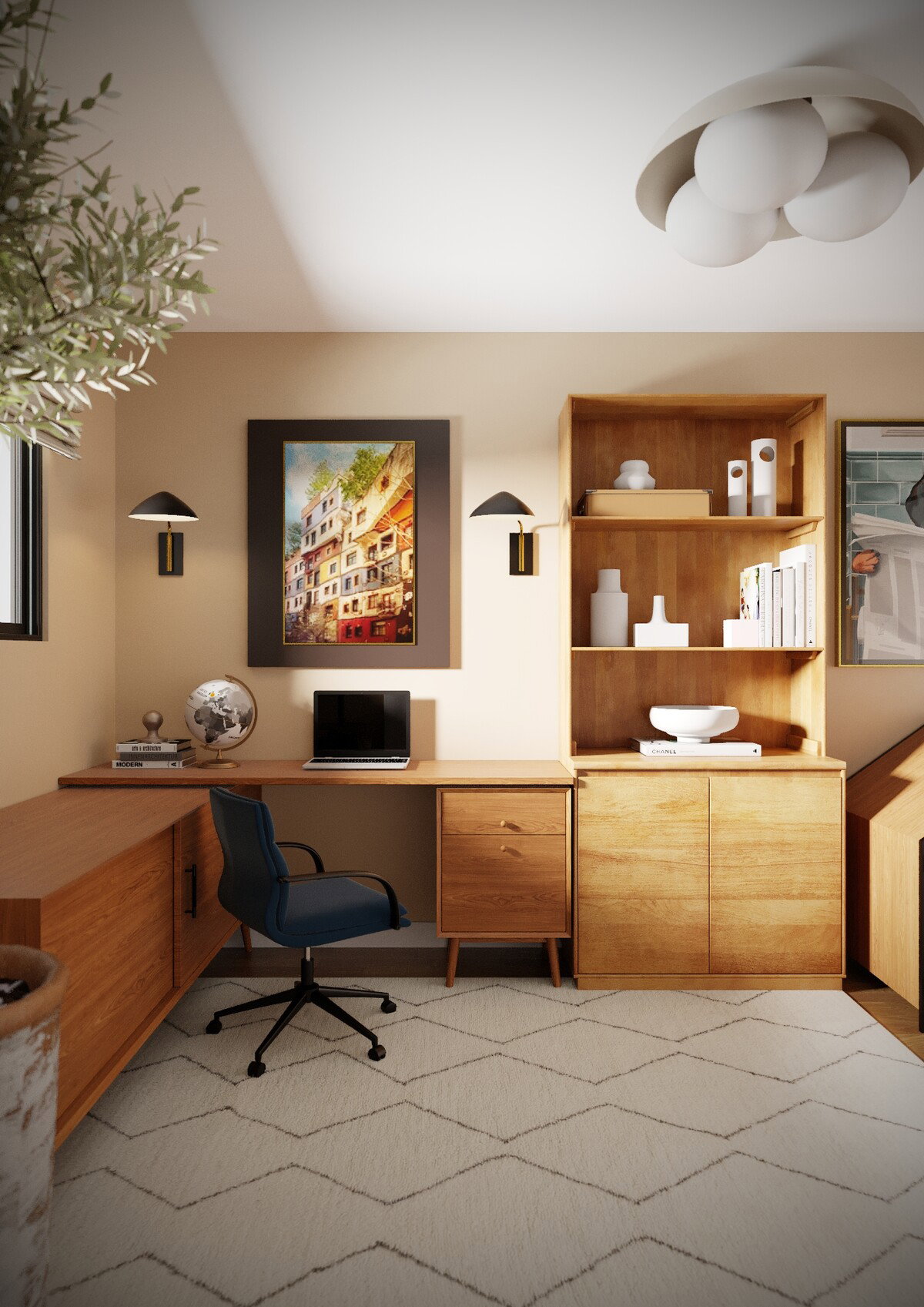 Renderizado de Diseño de Oficina en Casa Apta para Mascotas