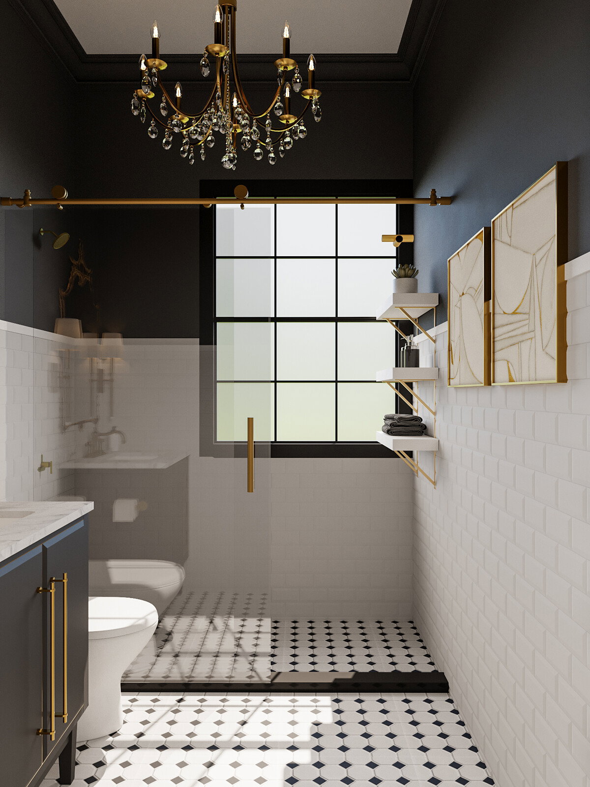 Diseño de baño negro y blanco glamuroso (renderizado)