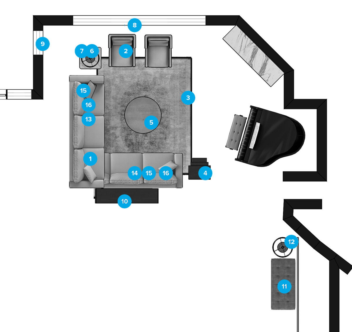 Plano de planta de sala de estar en línea