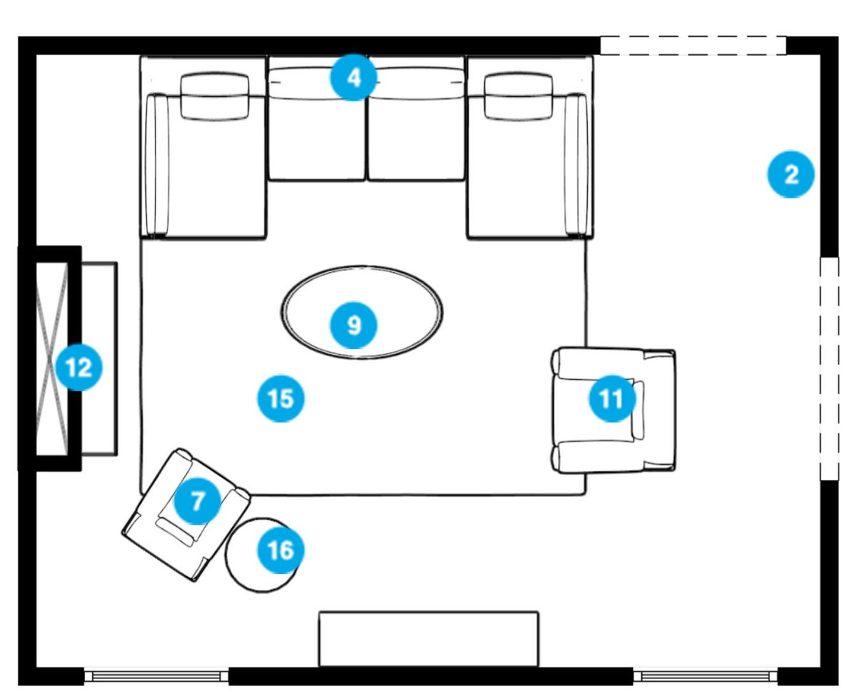 Plano de planta de sala de estar en línea