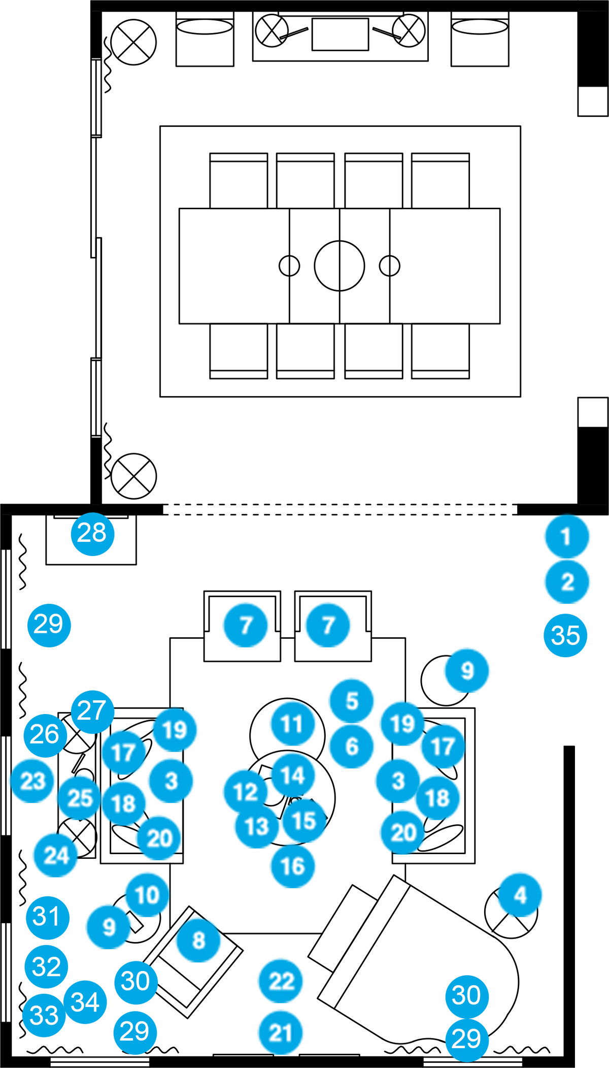 Plano de planta de sala de estar en línea