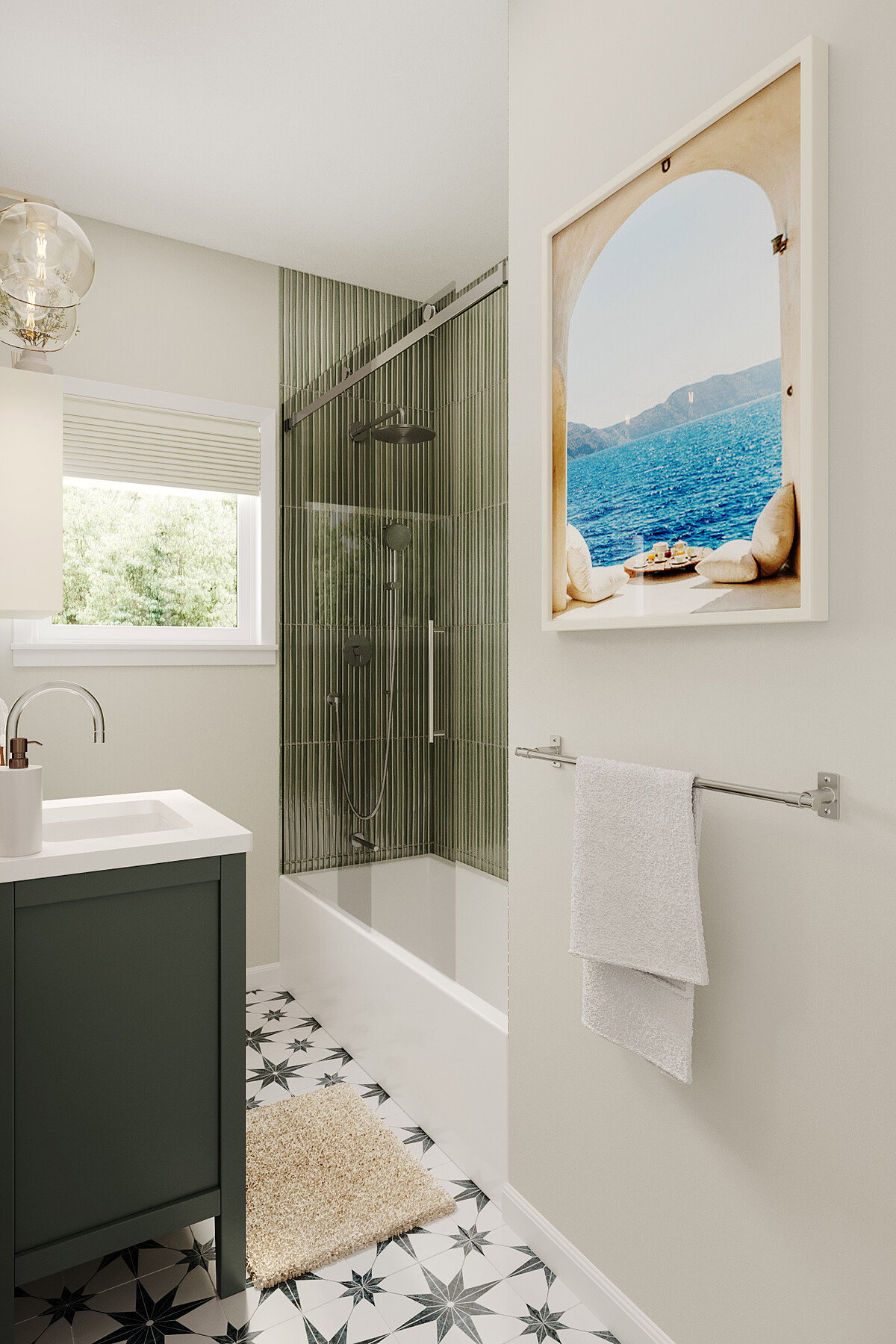 Representación visual de la renovación del baño de escape costero moderno.