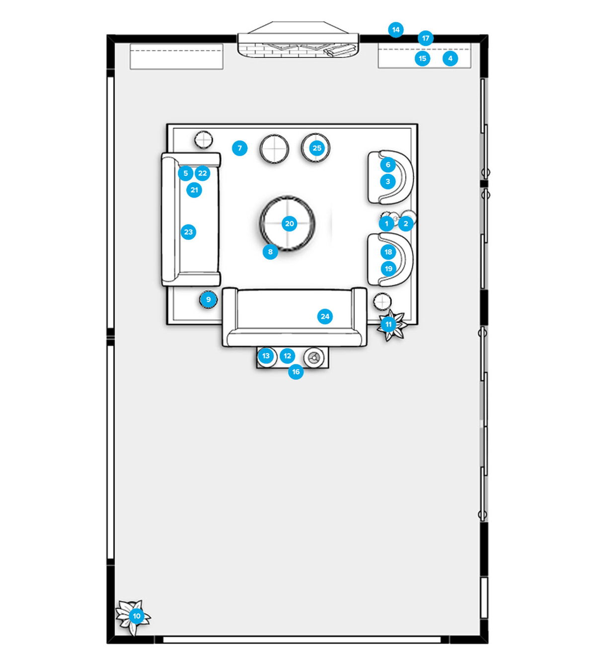 Plano de planta de sala de estar en línea