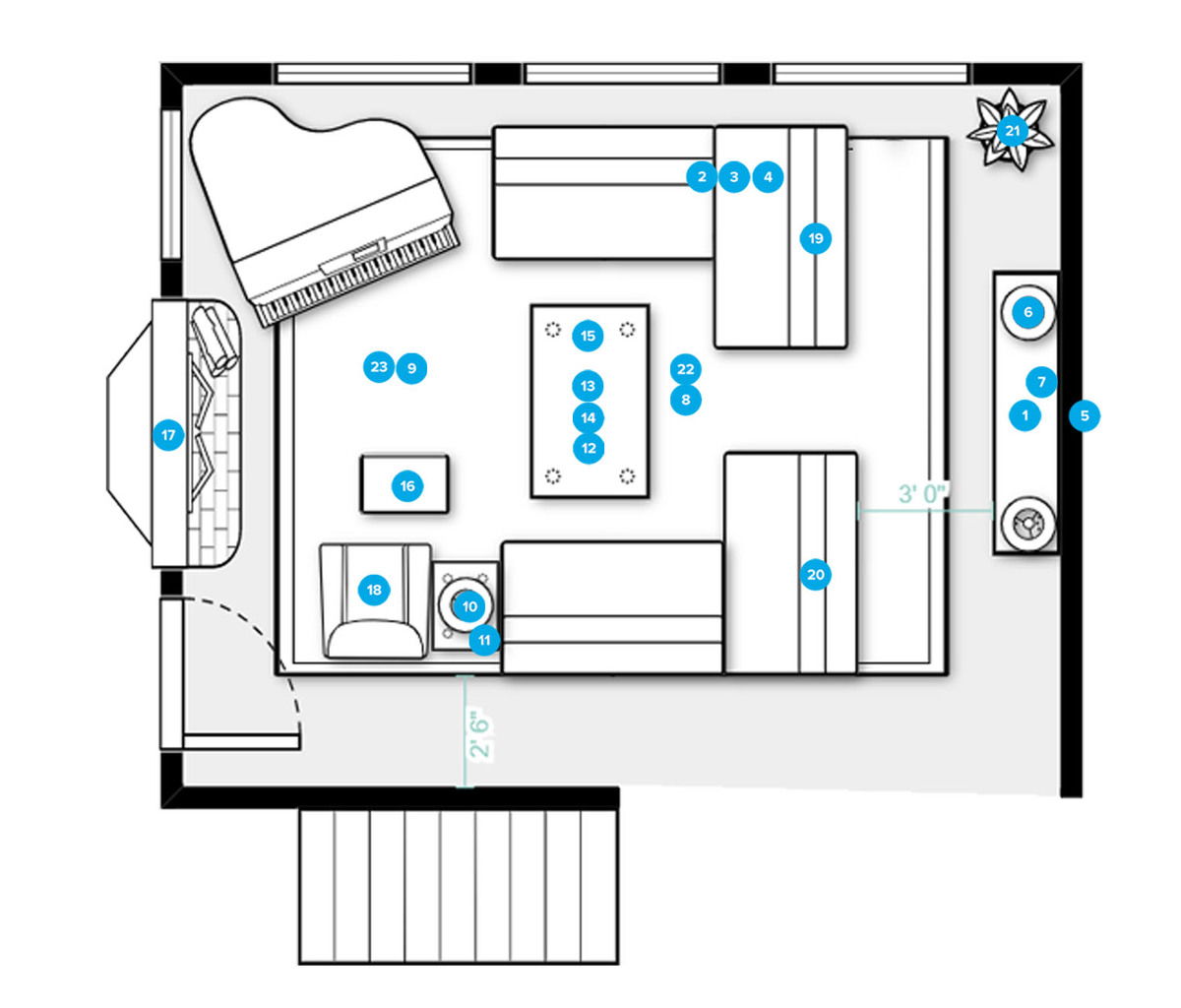 Plano de planta de sala de estar en línea