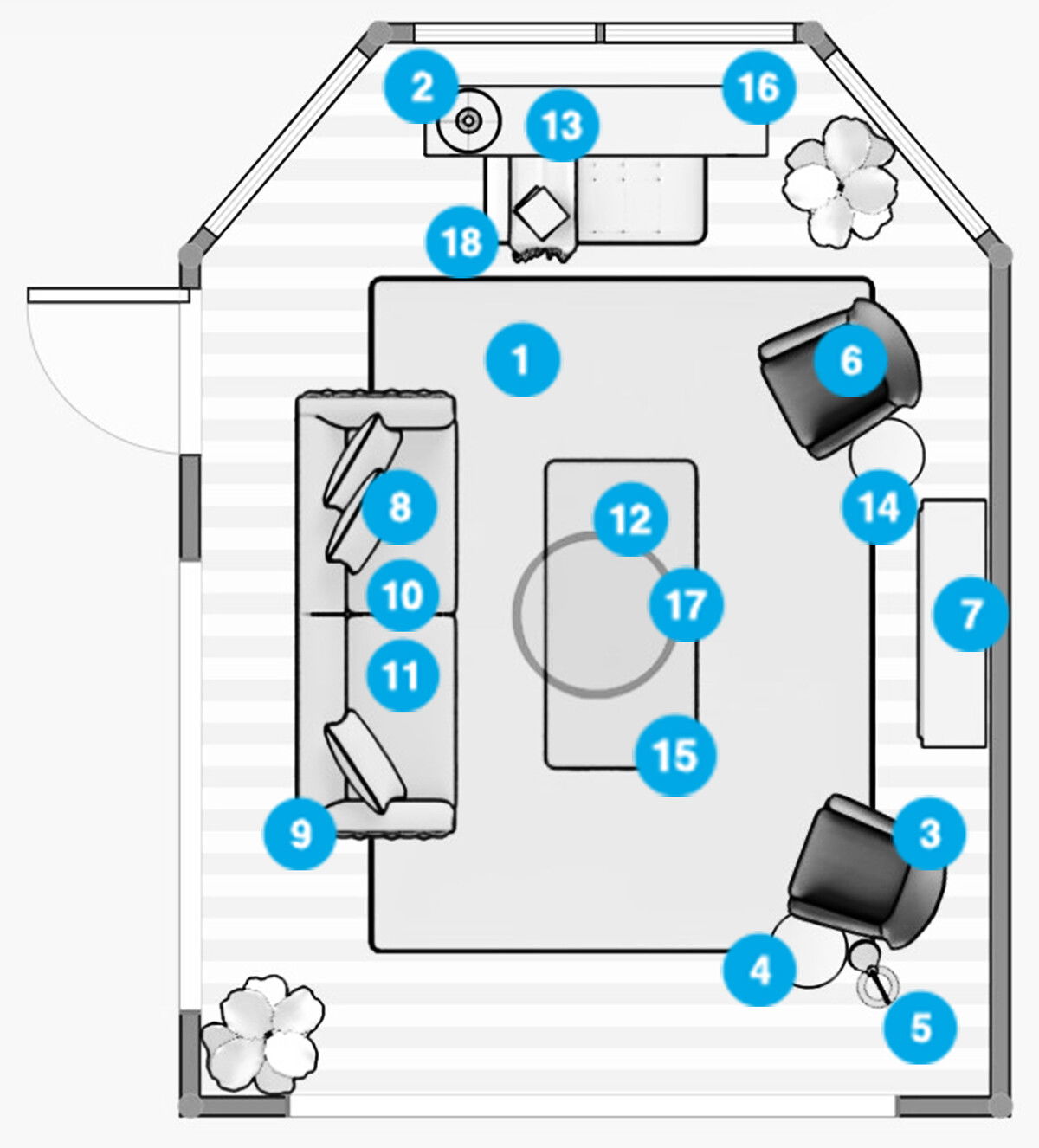 Plano de planta de sala de estar en línea