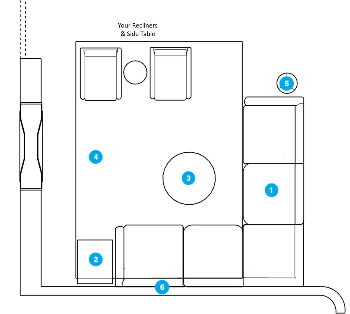 Plano de planta de sala de estar en línea