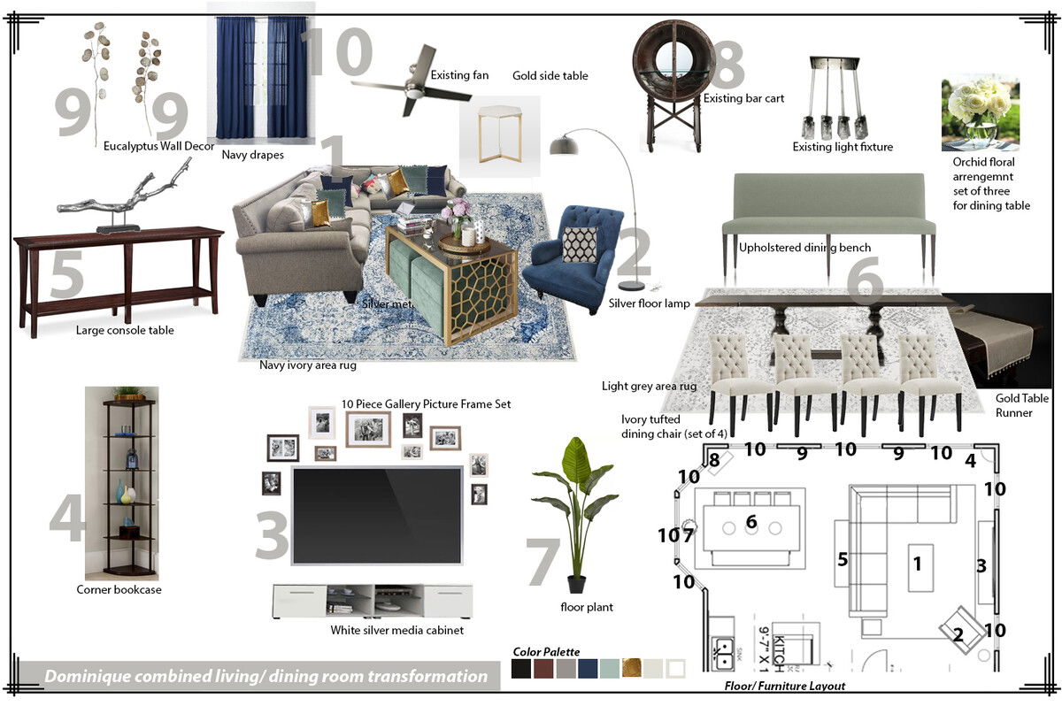 Ideas de Diseño de Interiores Combinadas de Sala-Comedor del Diseñador en Línea