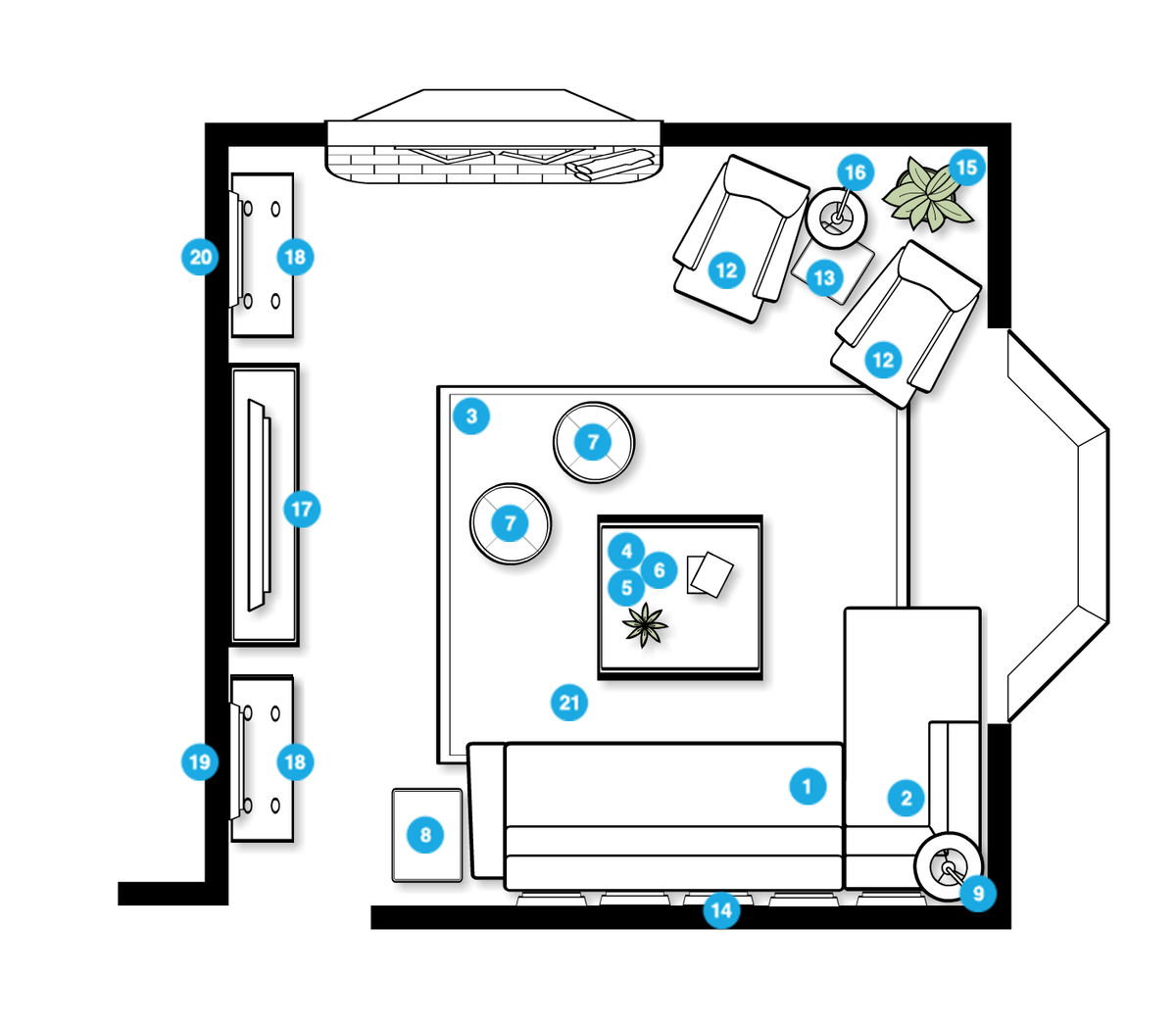 Plano de planta de sala de estar en línea