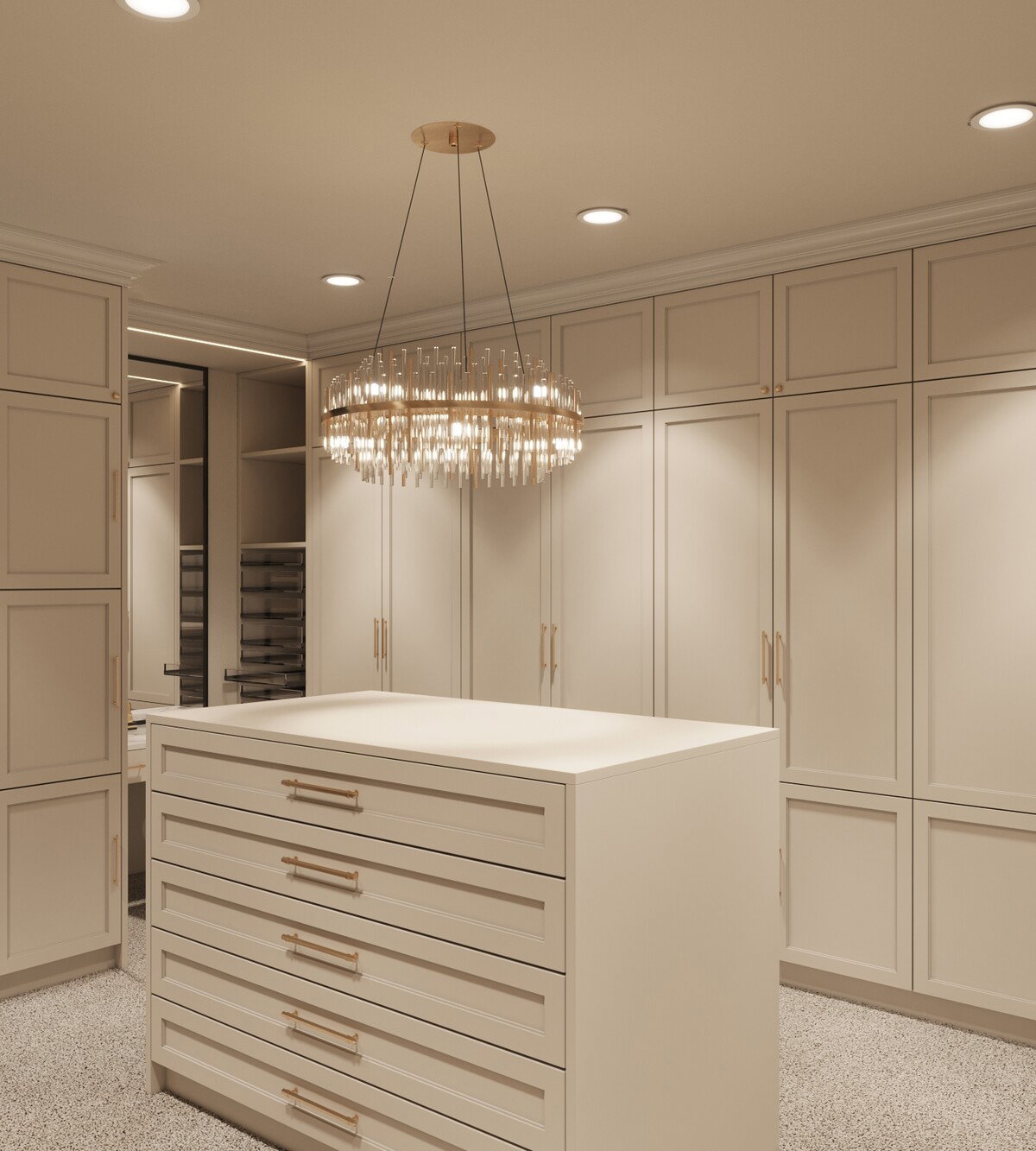 Renderizado de remodelación armoniosa del baño principal y armario