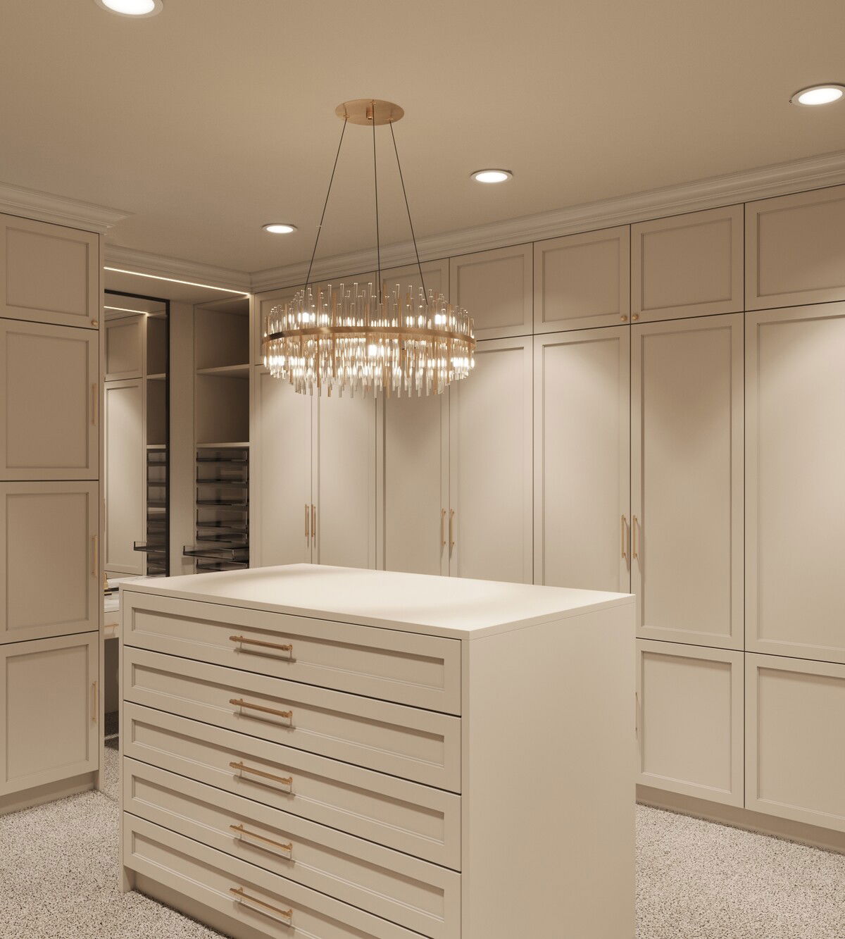 Renderizado de remodelación armoniosa del baño principal y armario