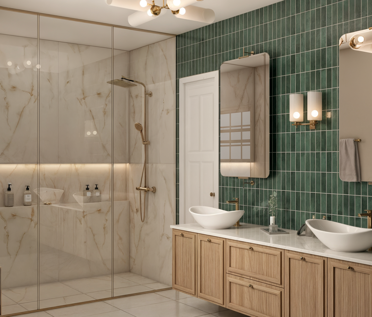 Contemporary Luxe Green & Gold Bathroom Remodel Rendering thumb