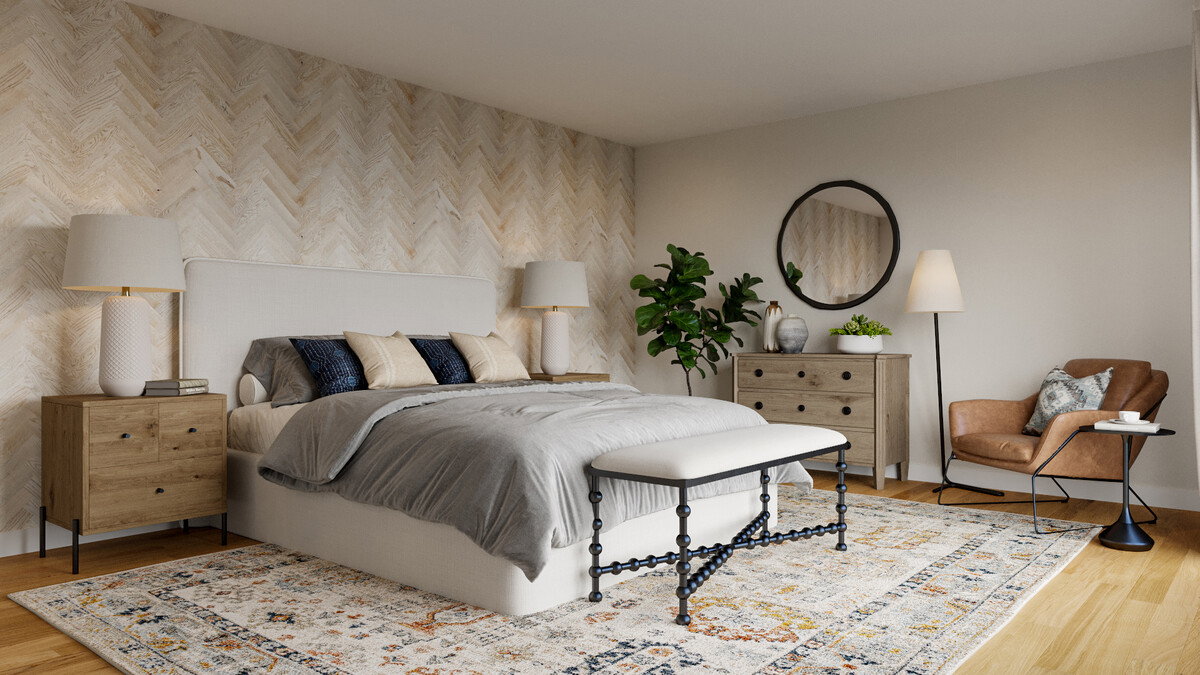 Chic & Cozy Modern Master Bedroom Design Rendering thumb