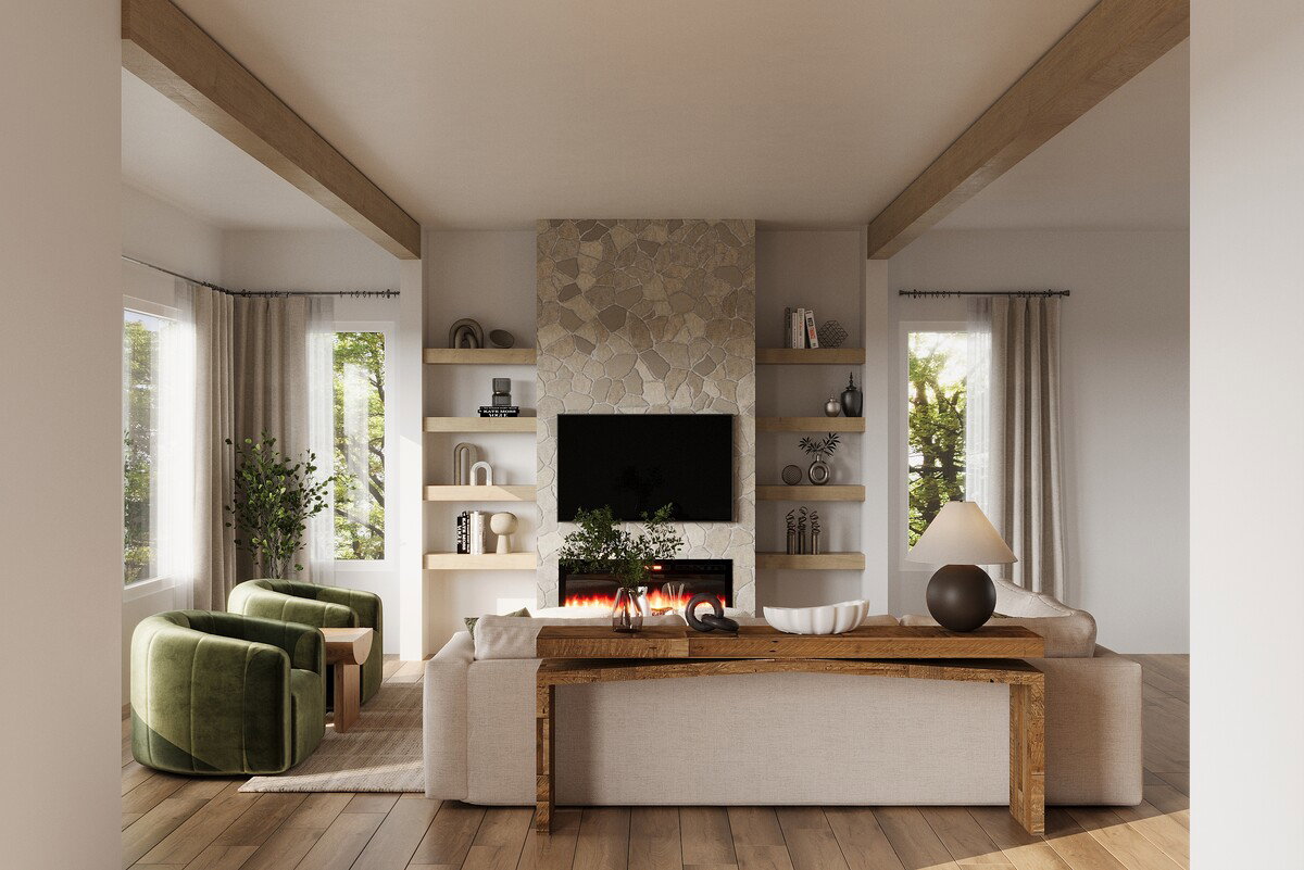 Cozy Contemporary Living Room & Bedrooms Makeover Rendering thumb