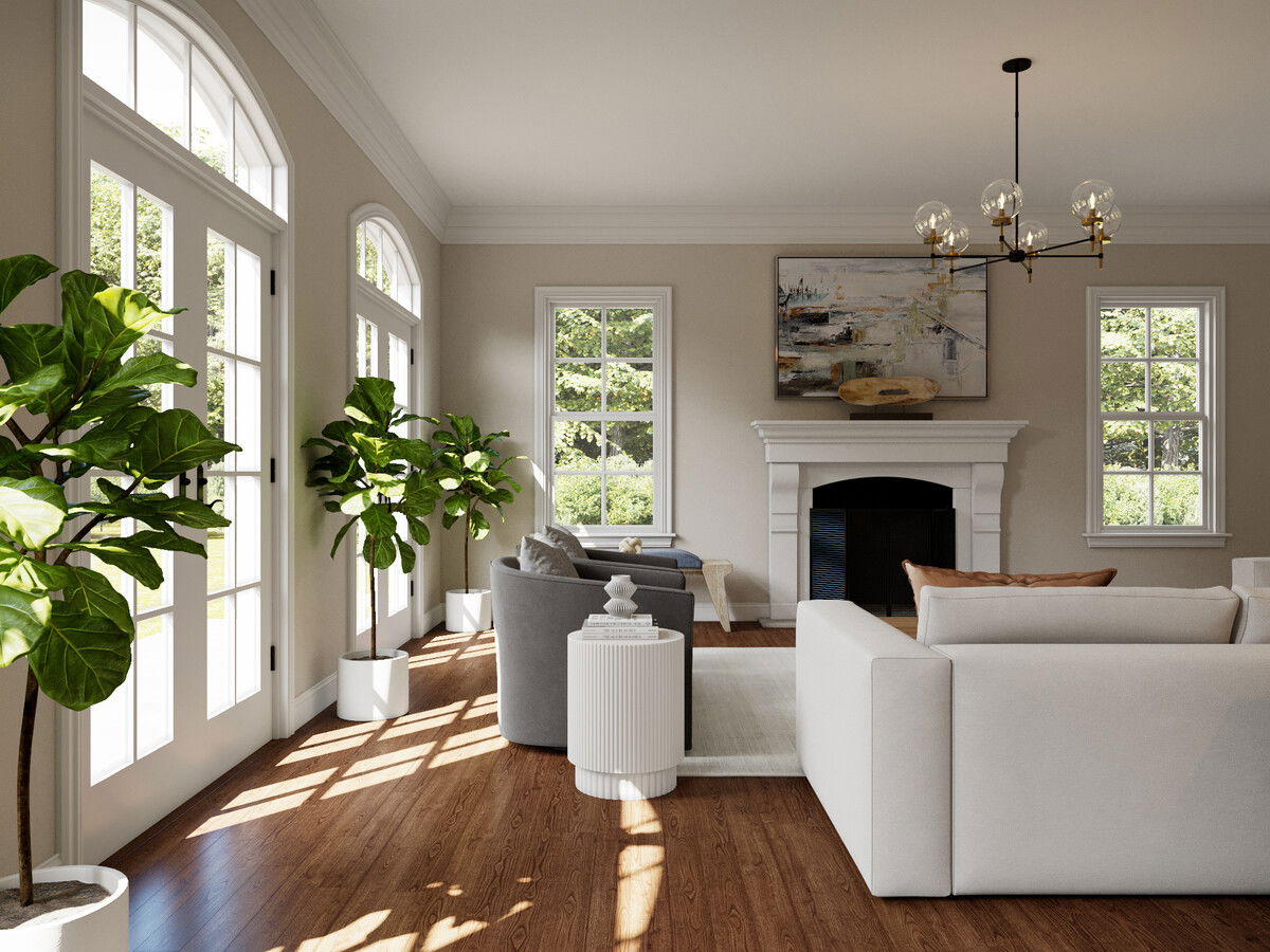 Serene Transitional Organic Living Room Design Rendering thumb