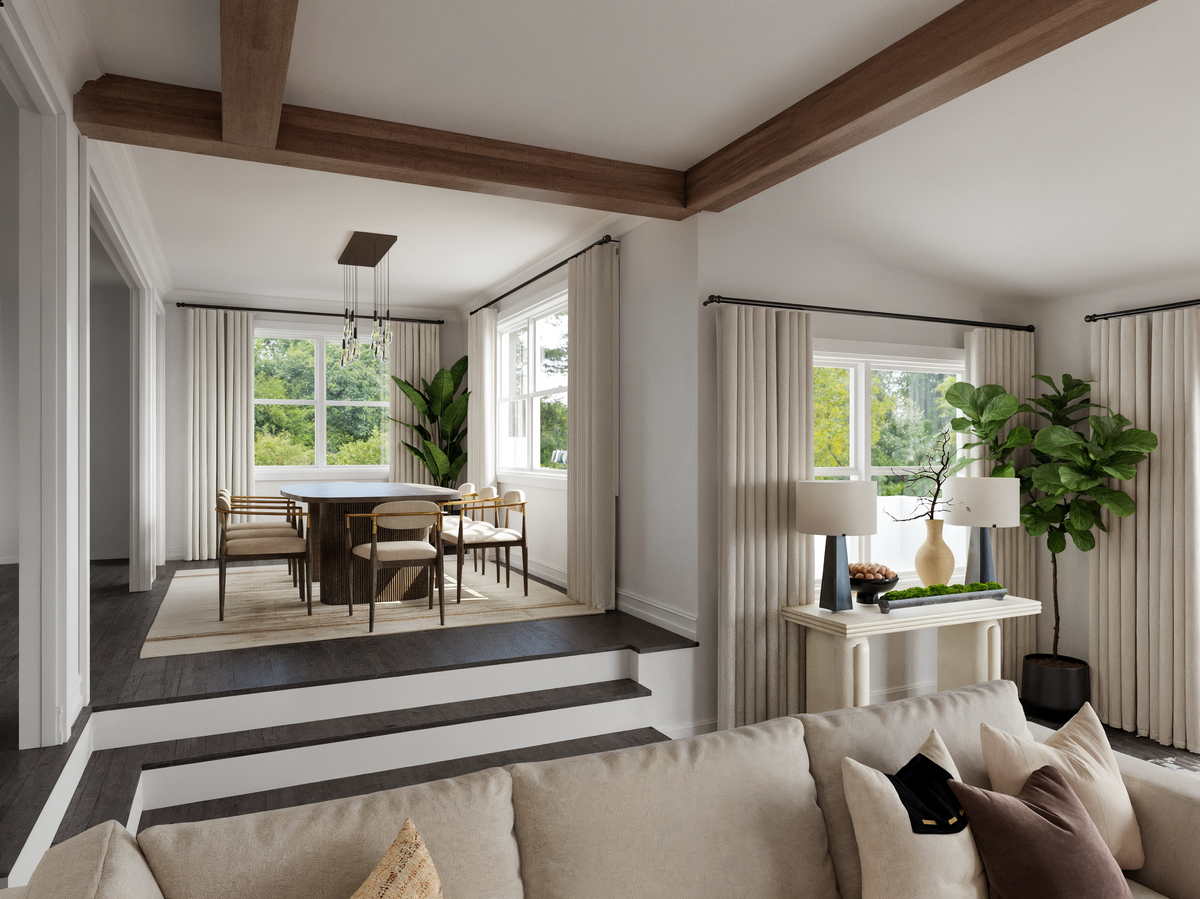 Chic & Cozy Living & Dining Room Design Rendering thumb