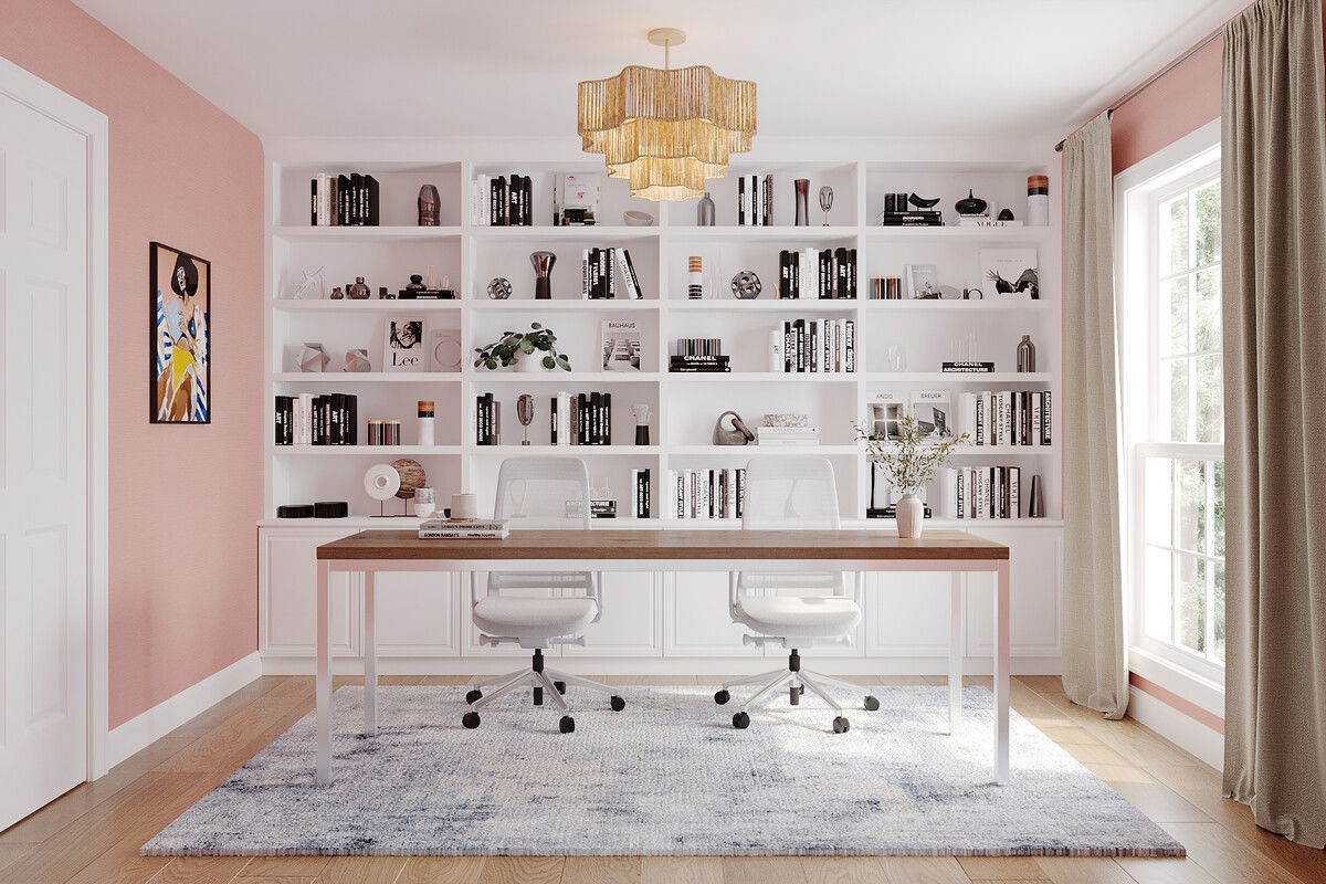 Warm and Eclectic Living and Office Room Design Rendering thumb