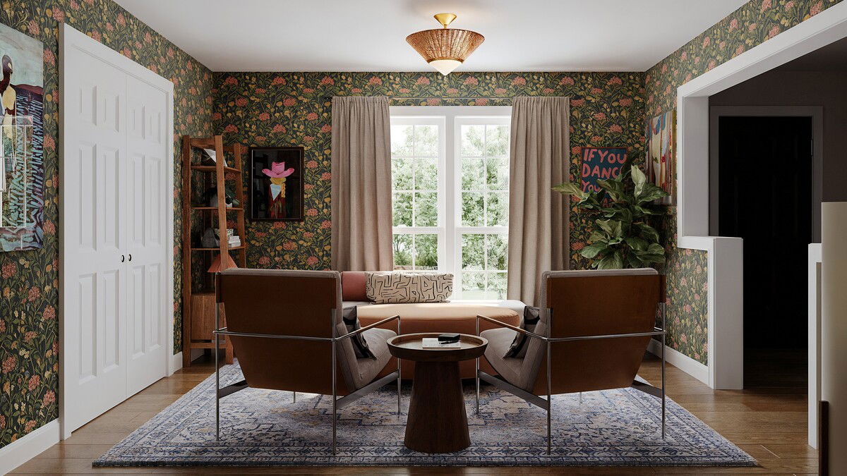 Warm and Eclectic Living and Office Room Design Rendering thumb