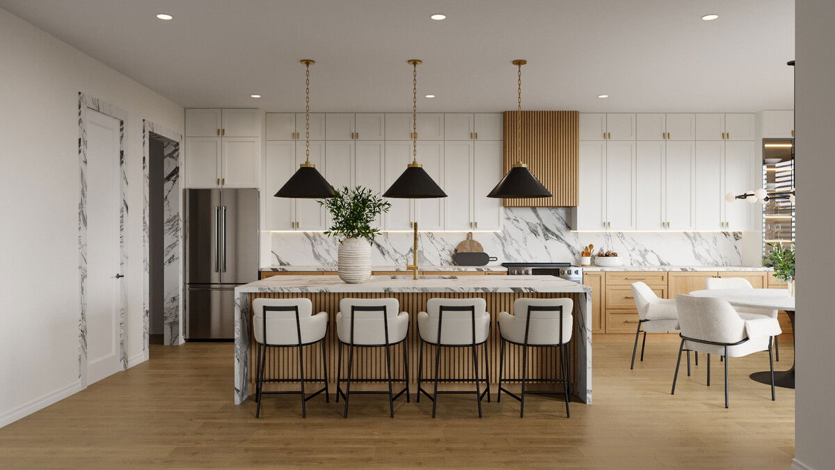 Modern Minimalist Kitchen with Marble Accents Rendering thumb