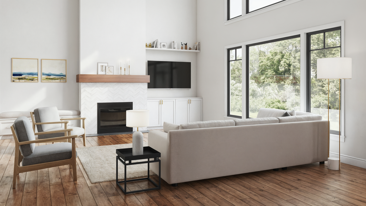 Cozy Modern Open Concept Living Kitchen Dining Room Rendering thumb