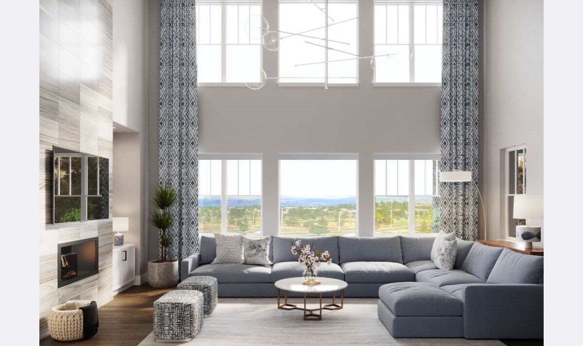 High Ceiling Modern Living Room Interior Design Rendering thumb