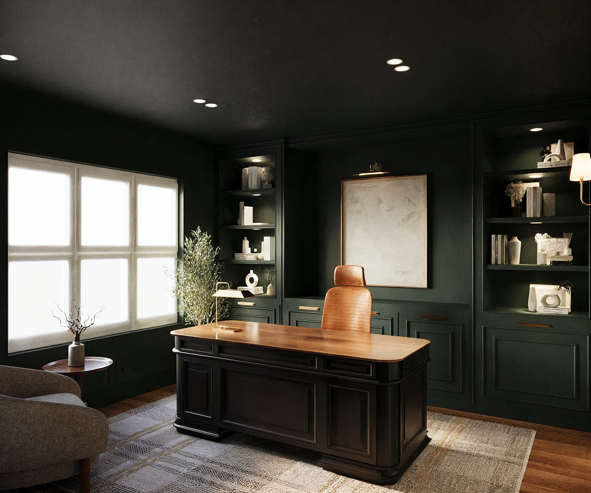 Elegant Dark Green & Classic Home Office Design Rendering thumb