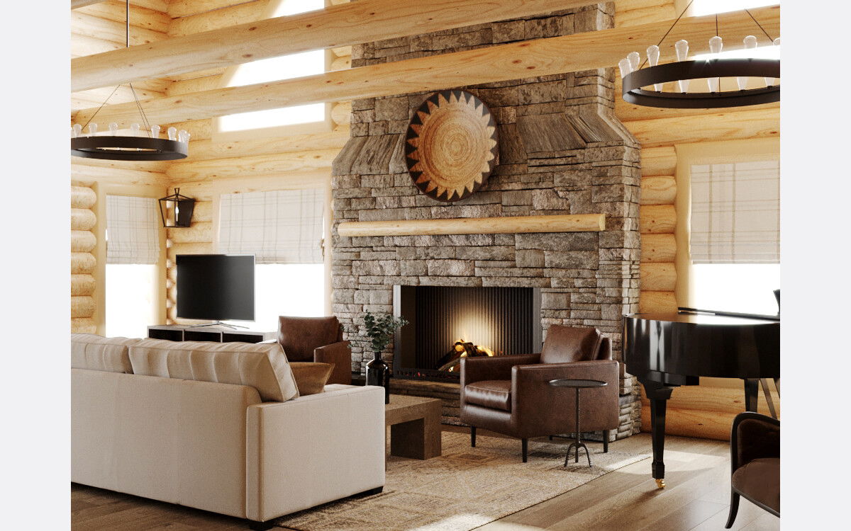 Refined Rustic Living Room with Grand Piano Rendering thumb
