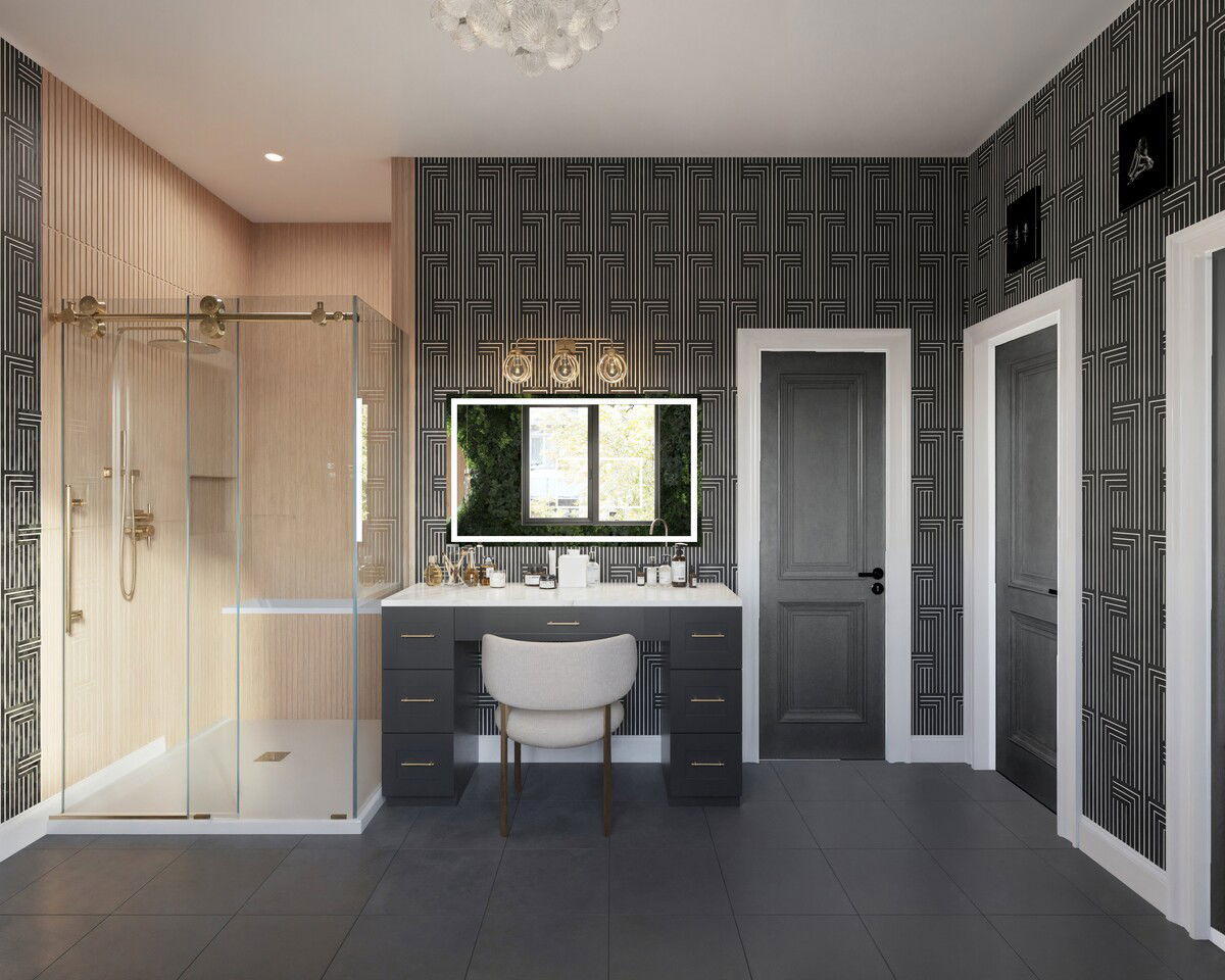 Sleek & Moody Bathroom Design with Natural Vibes Rendering thumb