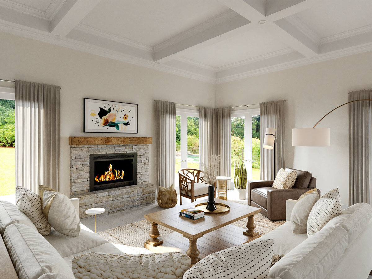 Coastal Living & Dining with Stone Fireplace Rendering thumb