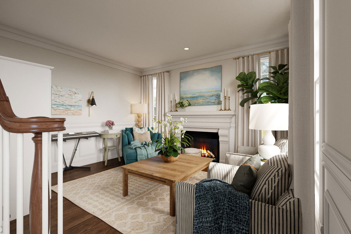 Cozy and Elegant Living Room with Fireplace Rendering thumb