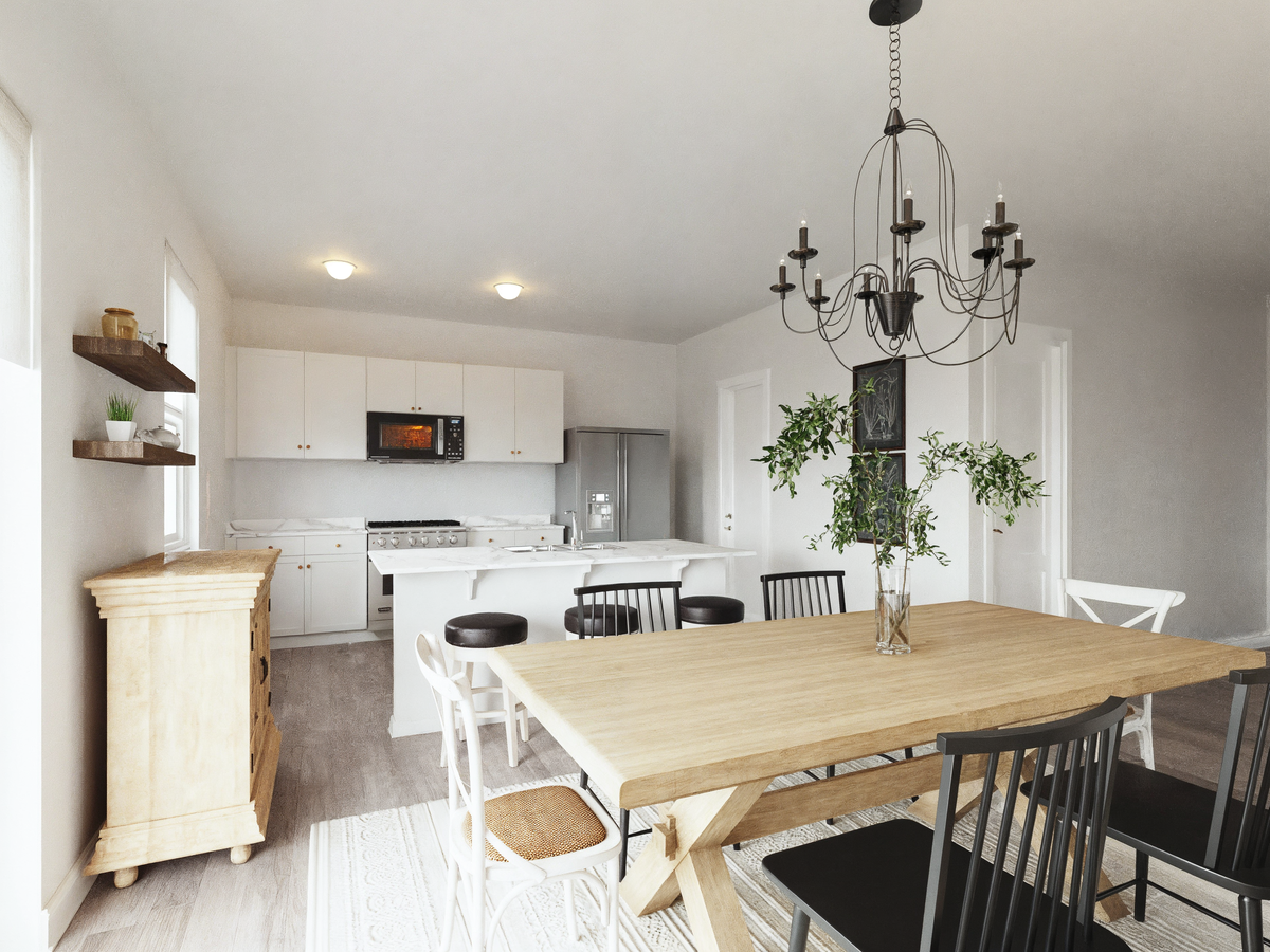 Modern Farmhouse Living & Dining Interior Design Rendering thumb