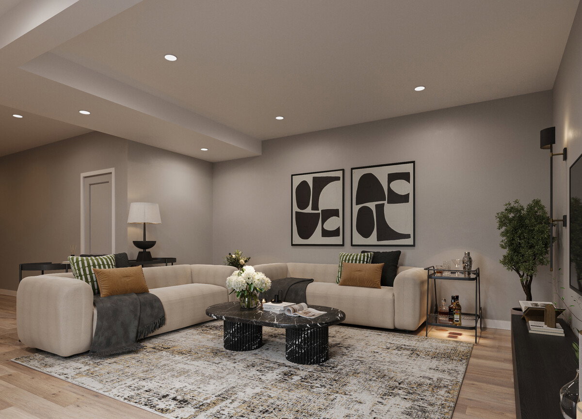 Elegant Modern Basement TV Room Makeover Rendering thumb