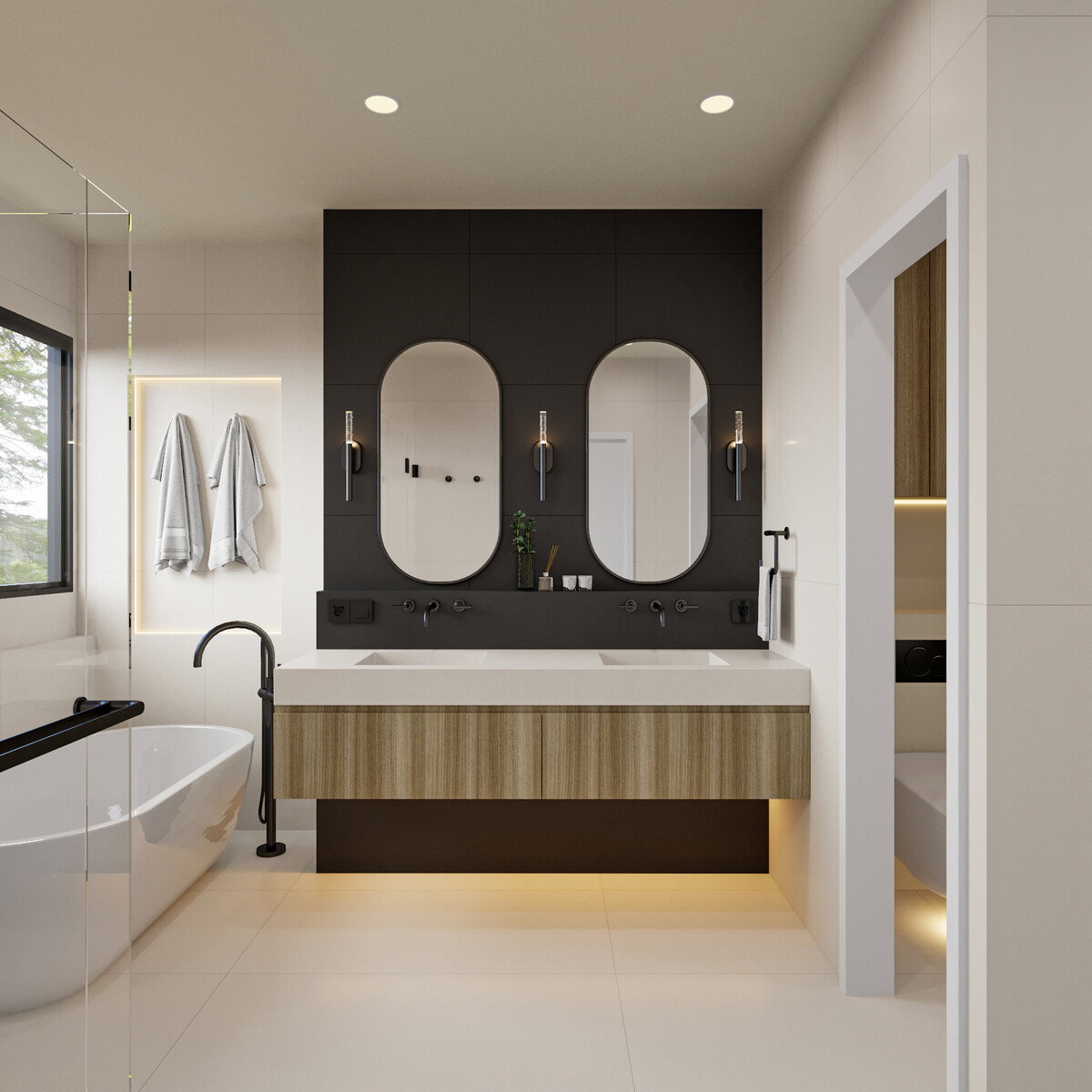 Modern Luxe Bathroom Design with Dark Accents Rendering thumb