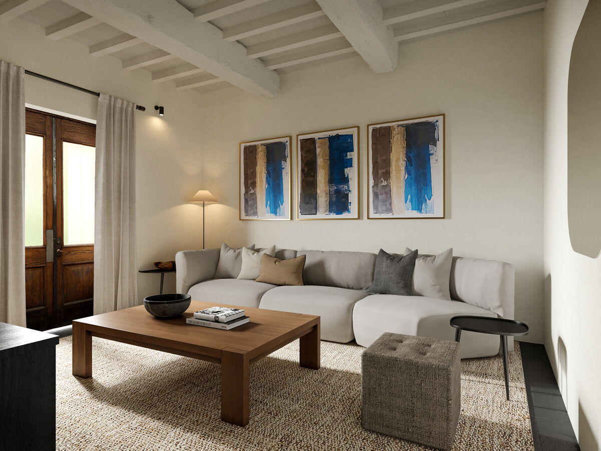 House Renovation with Exposed Beams and Antique Furniture Rendering thumb