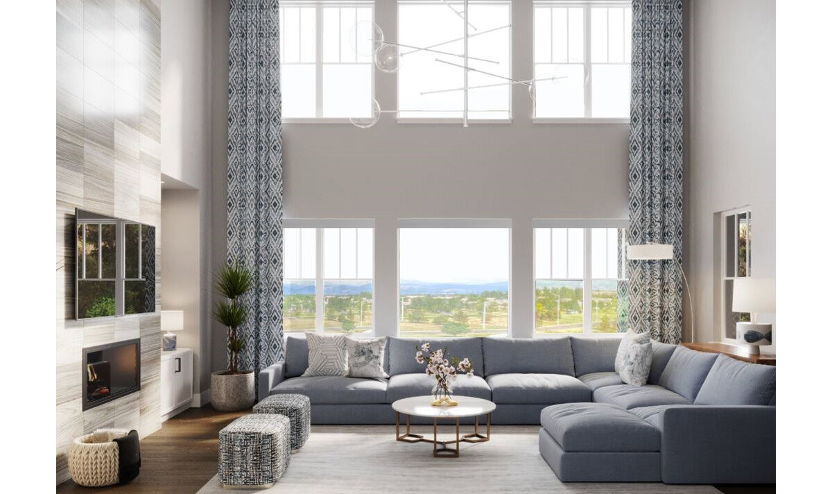 High Ceiling Modern Living Room Interior Design Rendering thumb