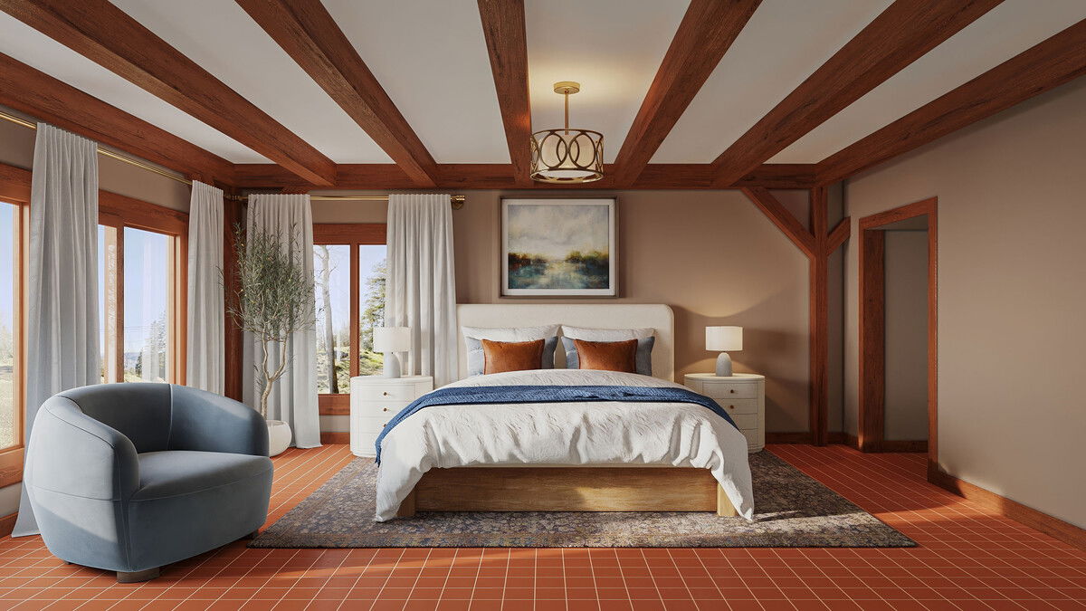 Wood Toned Rustic Bedroom with Modern Touches Rendering thumb