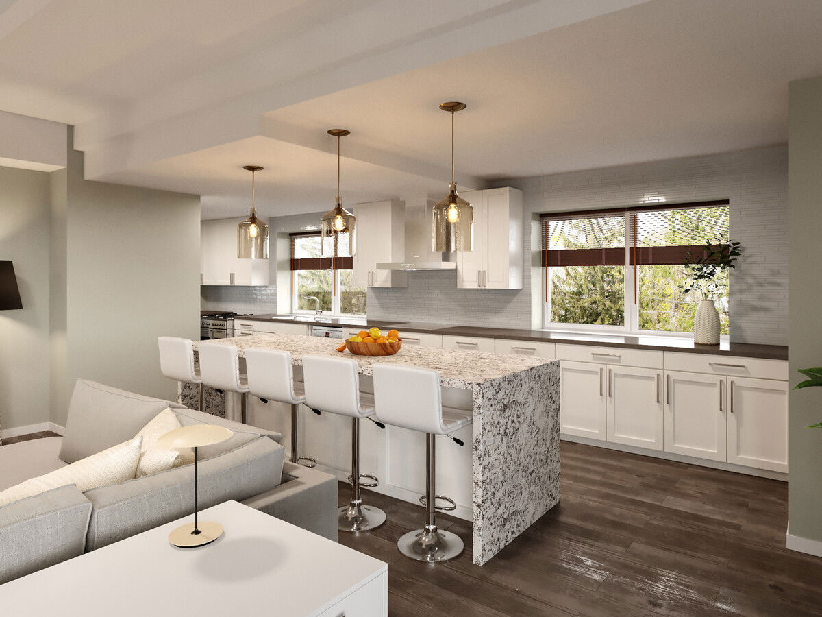 White Kitchen and Living Room Interior Design Rendering thumb