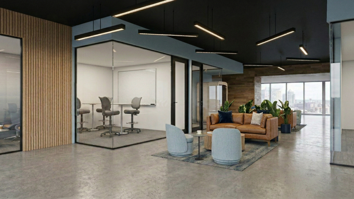 Modern Office Lobby Design with Industrial Touches Rendering thumb