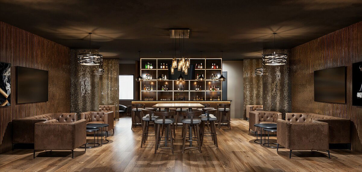 Moody Cigar Lounge Design with Outdoor Patio Rendering thumb