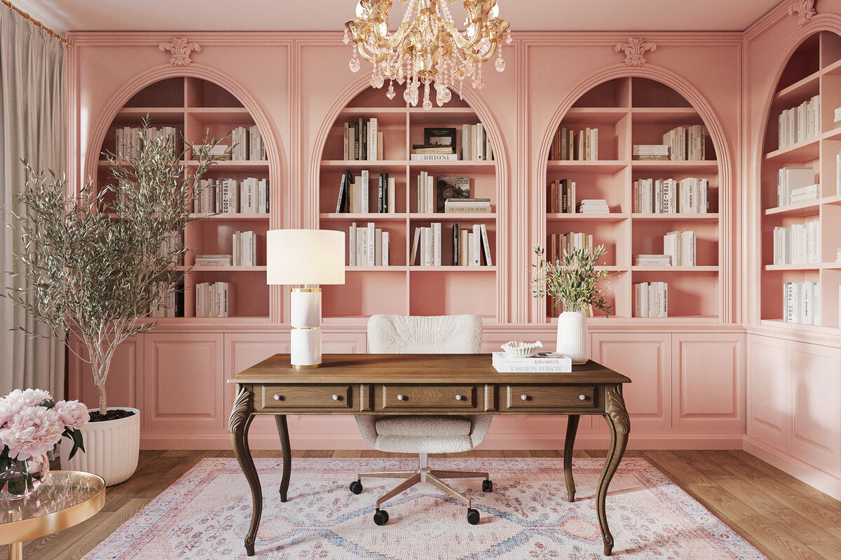 Opulent French Pink Office Library Renovation Rendering thumb